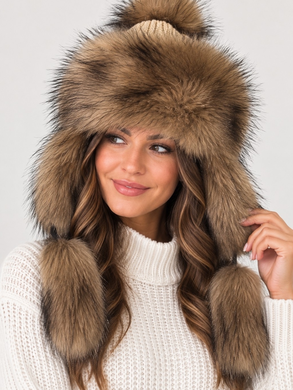 Fluffy Furs Faux Fur Trapper Hat Brown Pom Pom Ear Flaps Made in EU Winter